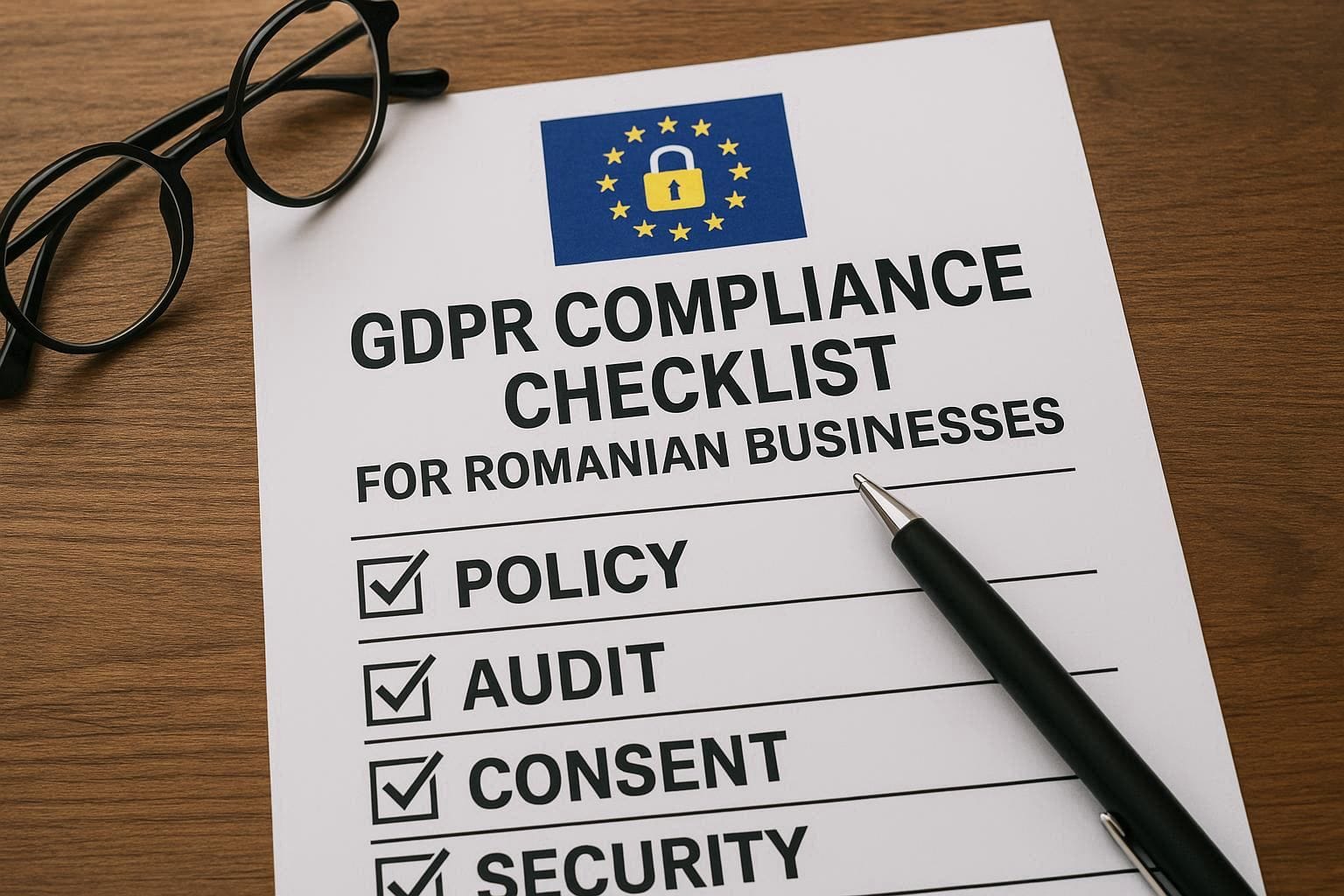 Romanian business professional reviewing GDPR compliance checklist on laptop in Bucharest office