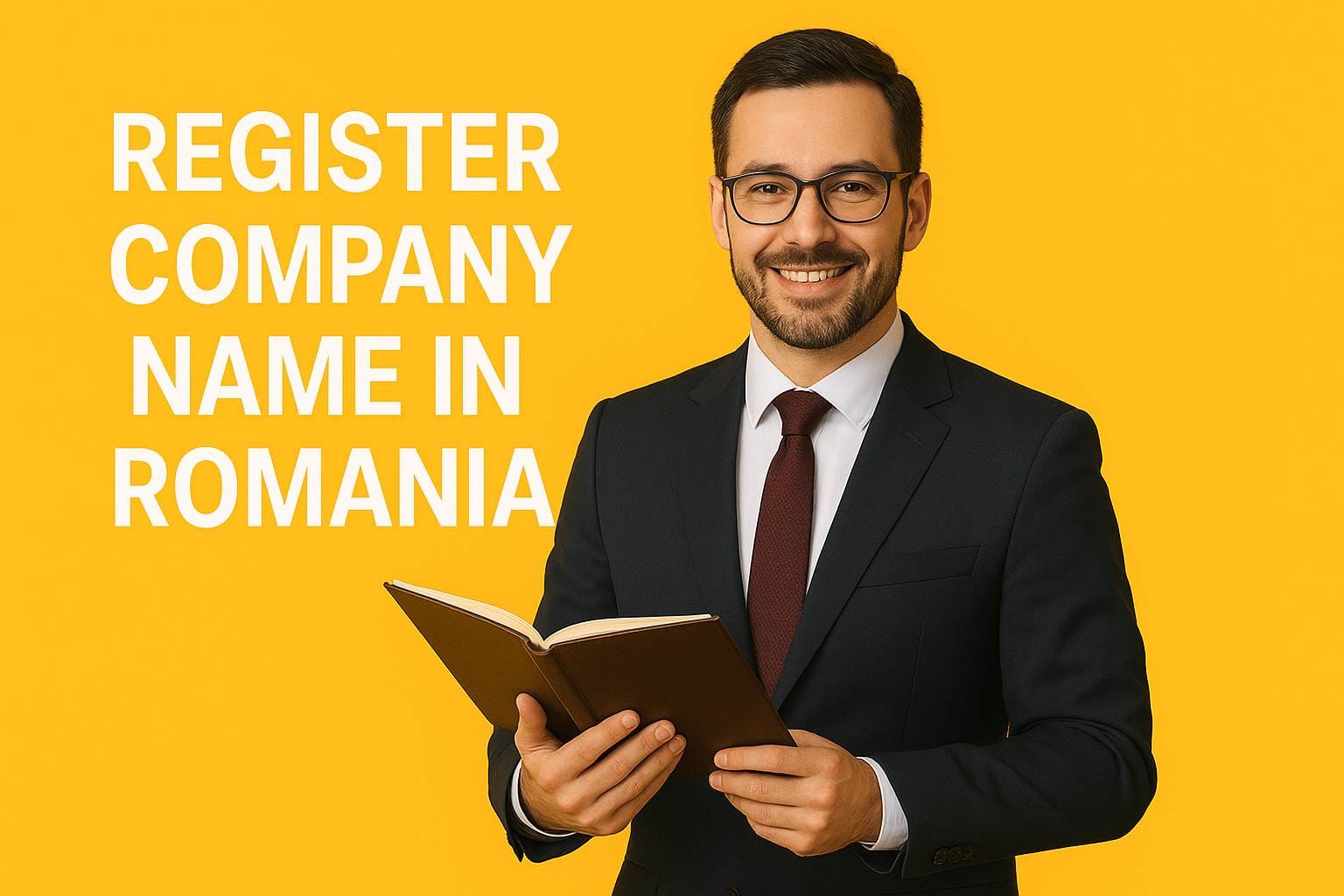 Smiling Romanian lawyer holding a legal book with text “Register Company Name in Romania” on a bright background