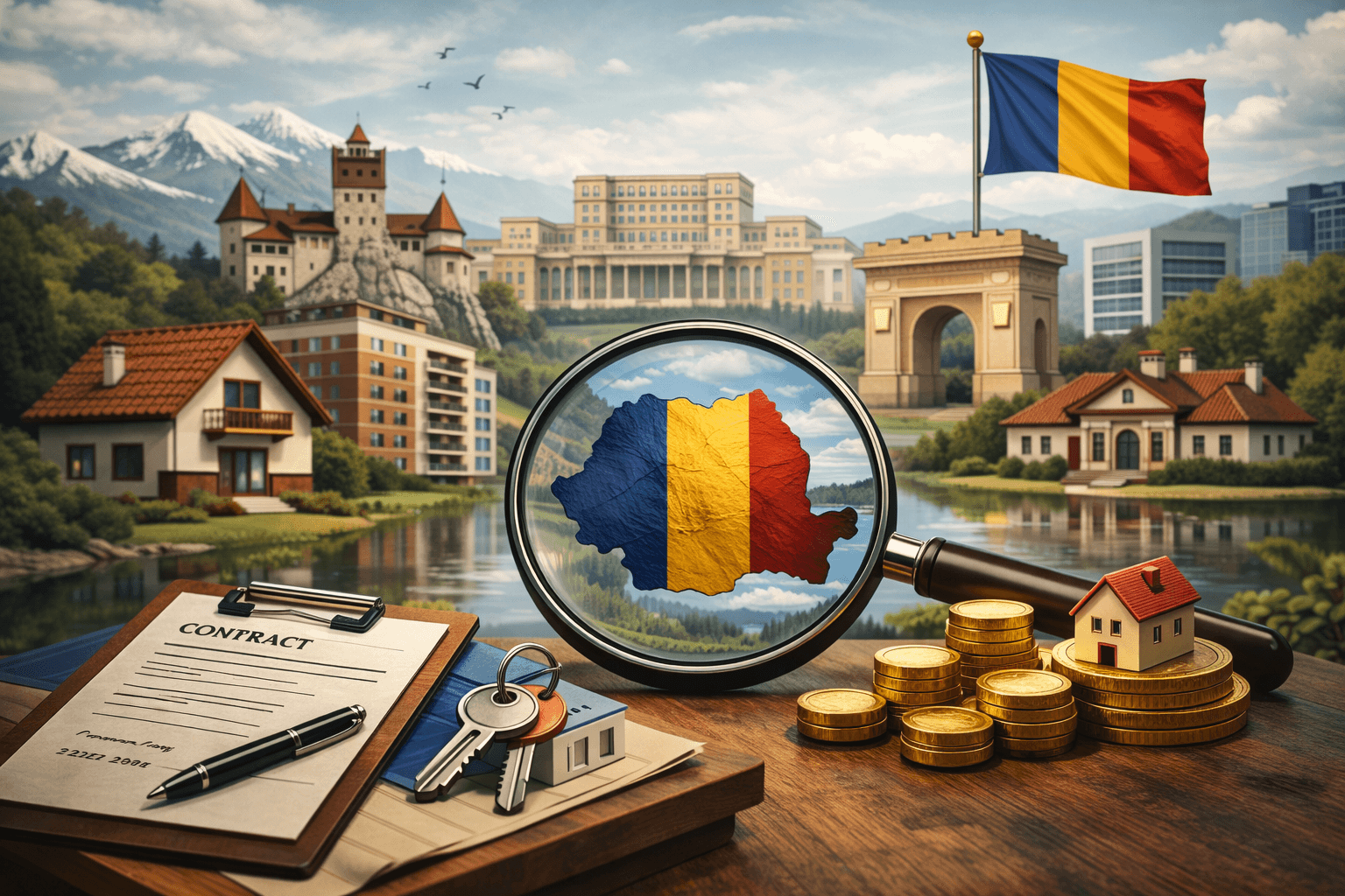 Cinematic photo illustration of property investment in Romania, featuring Romanian landmarks, residential real estate, legal contract, and investment symbols, representing a 2026 legal and real estate buying guide.