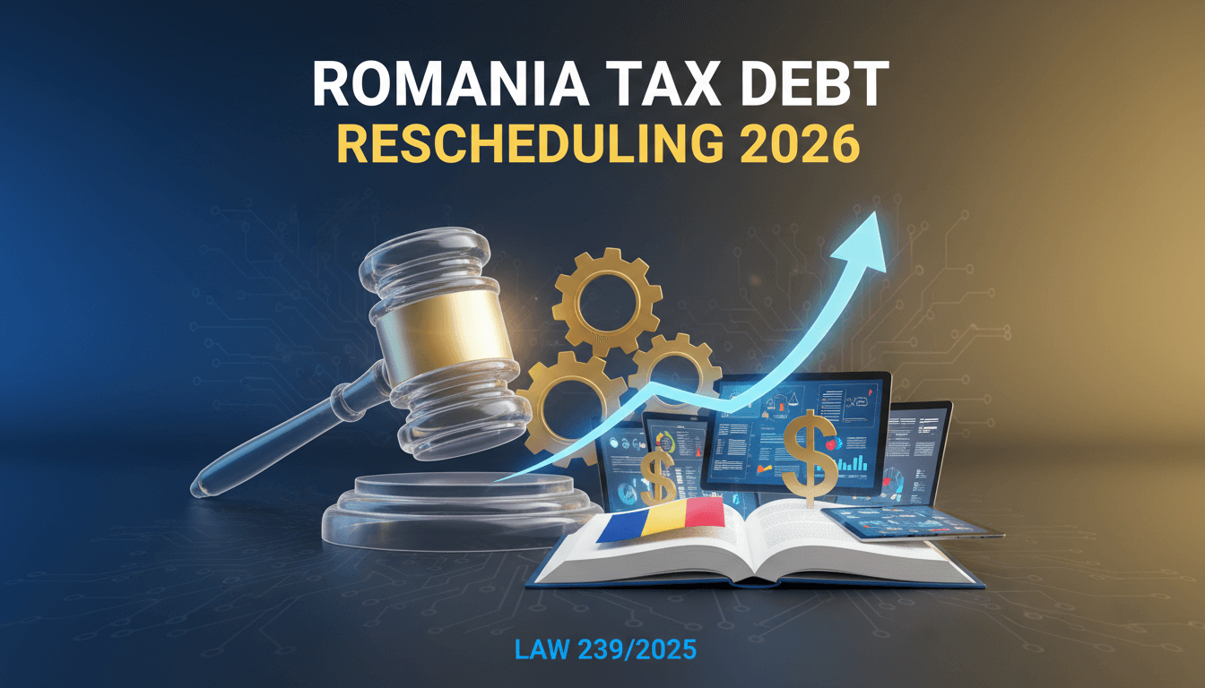 Romania tax debt rescheduling 2026 under Law 239/2025, illustrated by a judge’s gavel, financial charts, digital tax systems, and Romanian flag symbolizing legal and fiscal reform.
