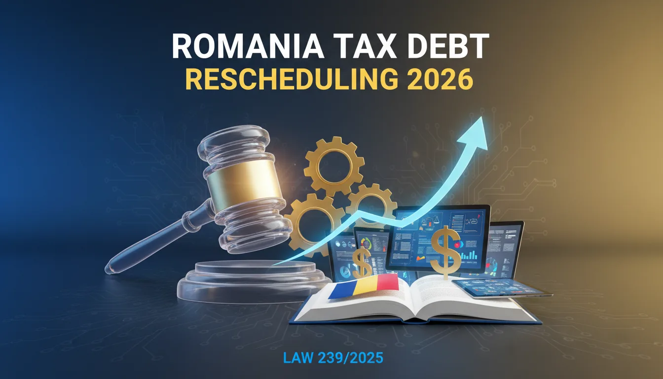 Romania tax debt rescheduling 2026 under Law 239/2025, illustrated by a judge’s gavel, financial charts, digital tax systems, and Romanian flag symbolizing legal and fiscal reform.