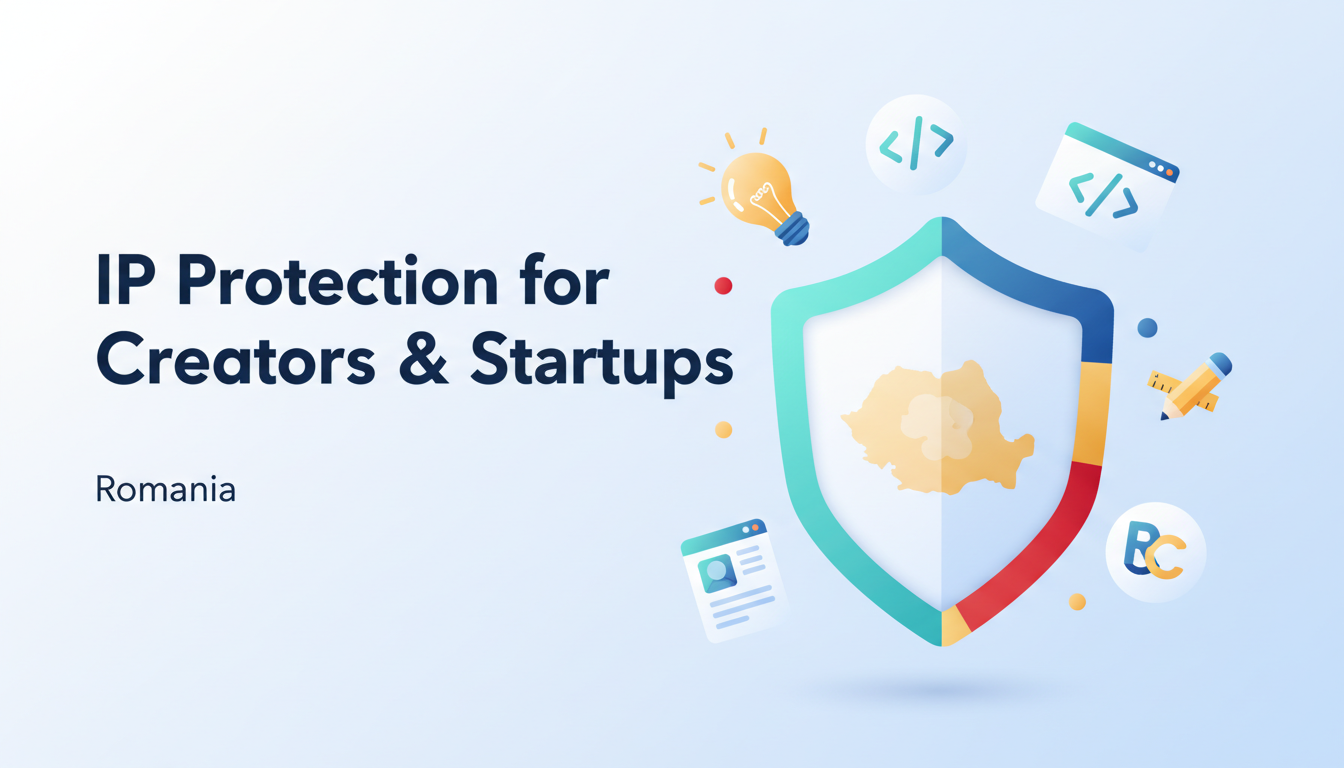 IP protection for creators and startups in Romania, illustrated by a shield with the Romanian map, technology and innovation icons