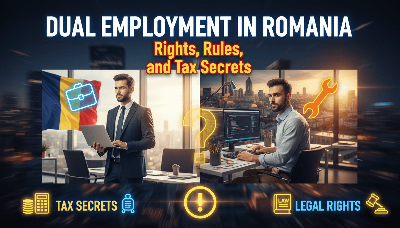 Featured image illustrating dual employment in Romania, showing a professional working two jobs with symbols for legal rights, taxation, and employment rules.