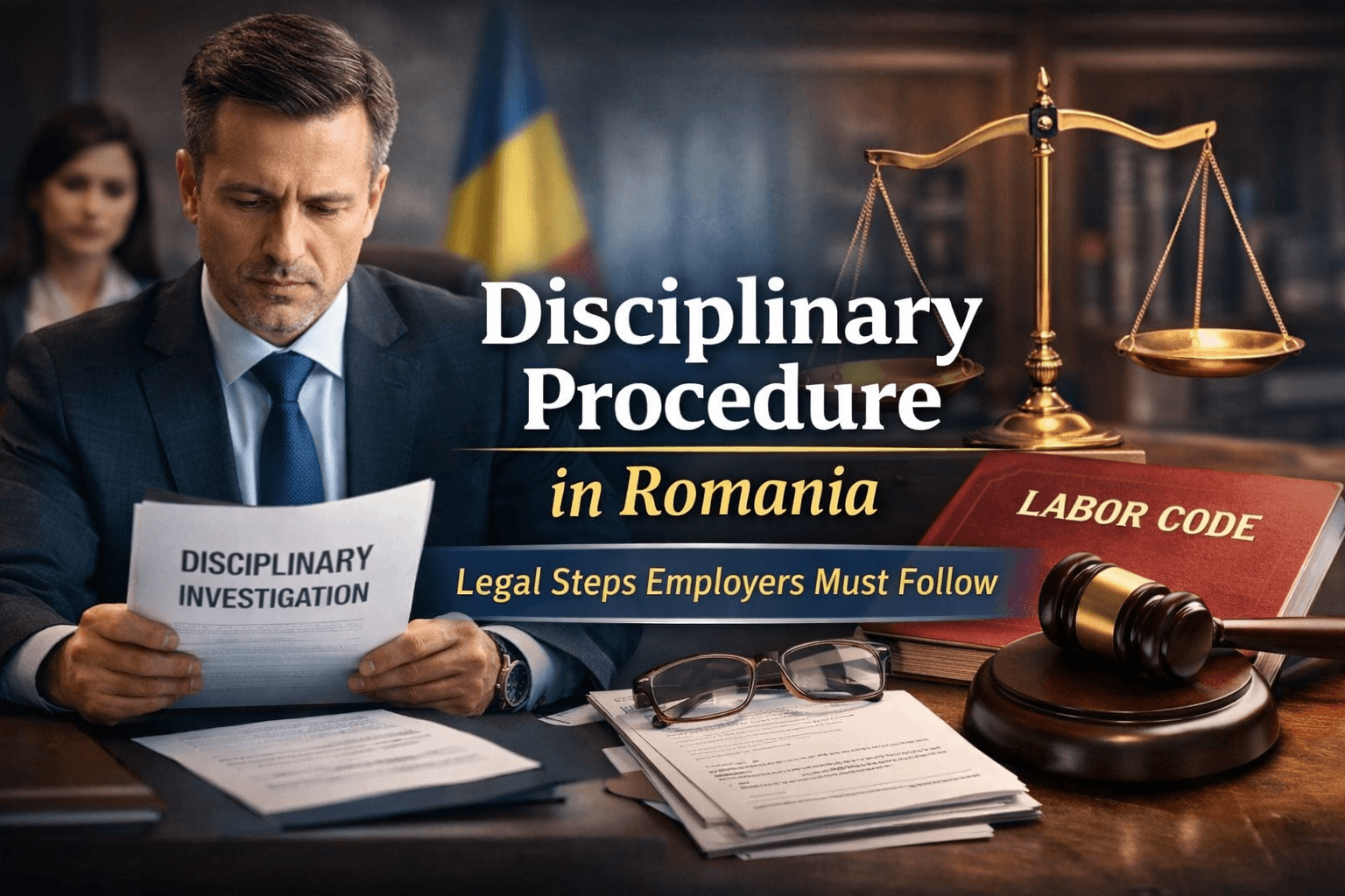 Disciplinary procedure in Romania showing employer, employee, and lawyer during workplace investigation under Romanian labor law