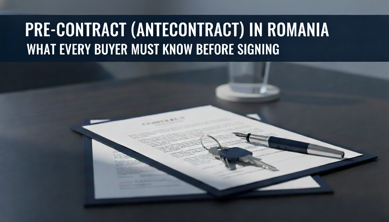 Pre-contract antecontract Romania property purchase legal document and keys on desk