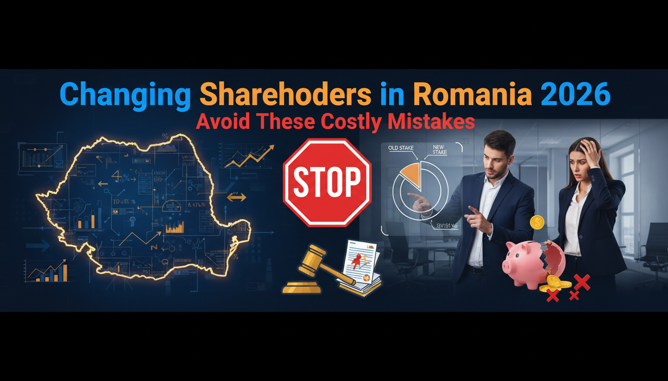 Changing shareholders in Romania 2026 legal guide showing business professionals, financial risks, and share transfer process illustration