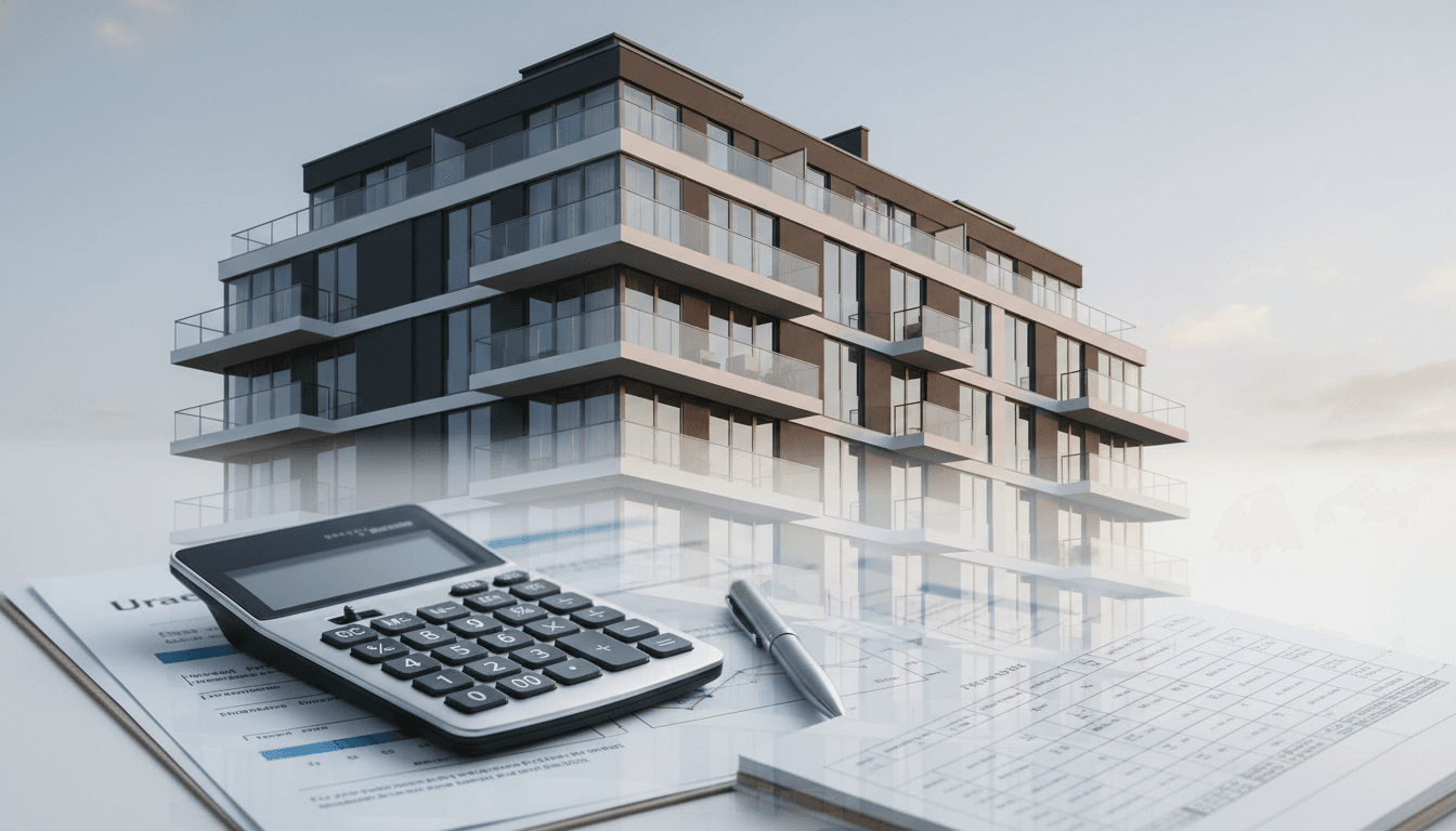 Modern apartment building with calculator and documents illustrating rental income tax in Romania