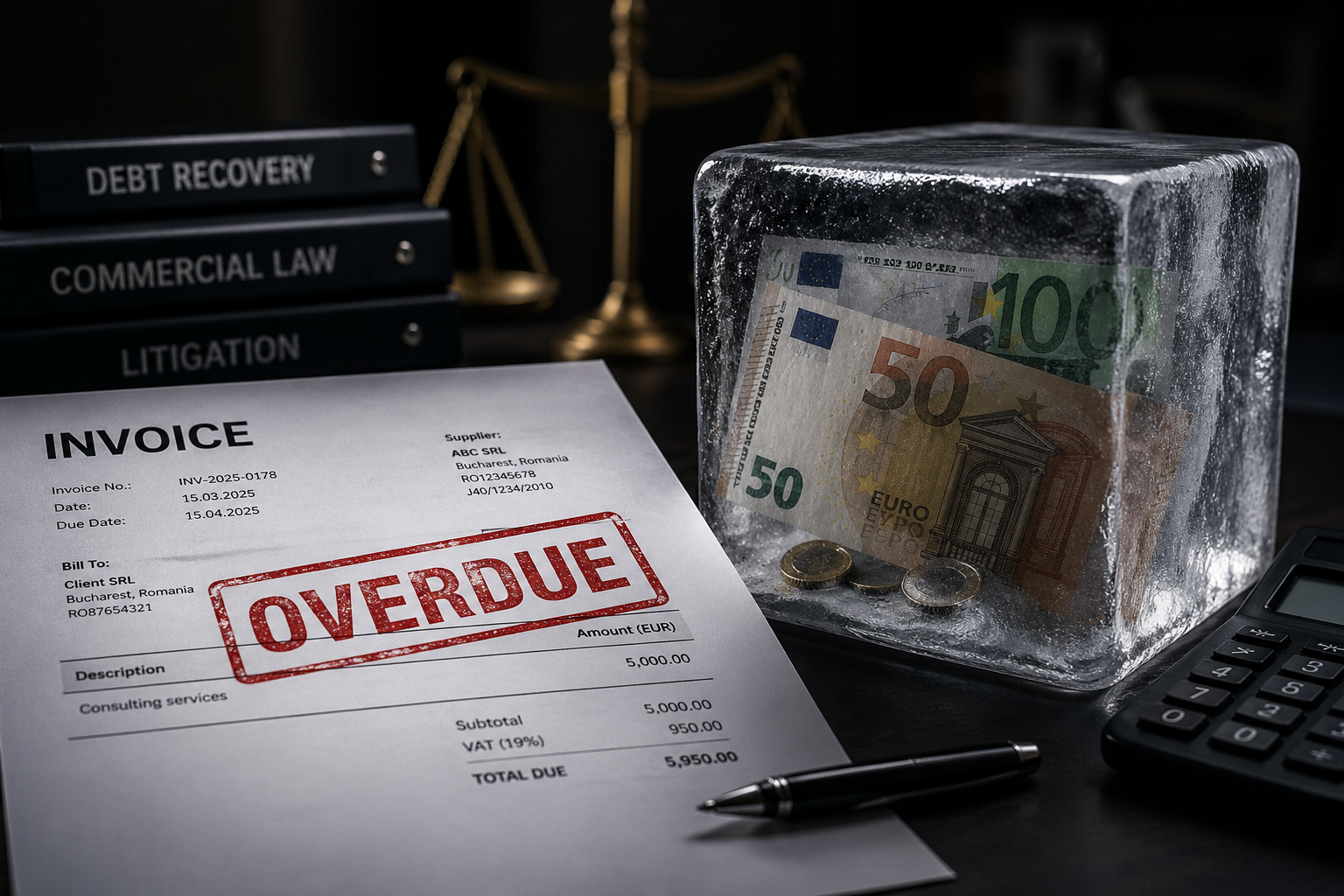 Overdue invoice on desk with euro banknotes frozen in ice, symbolizing unpaid debts and cash flow blockage in Romania