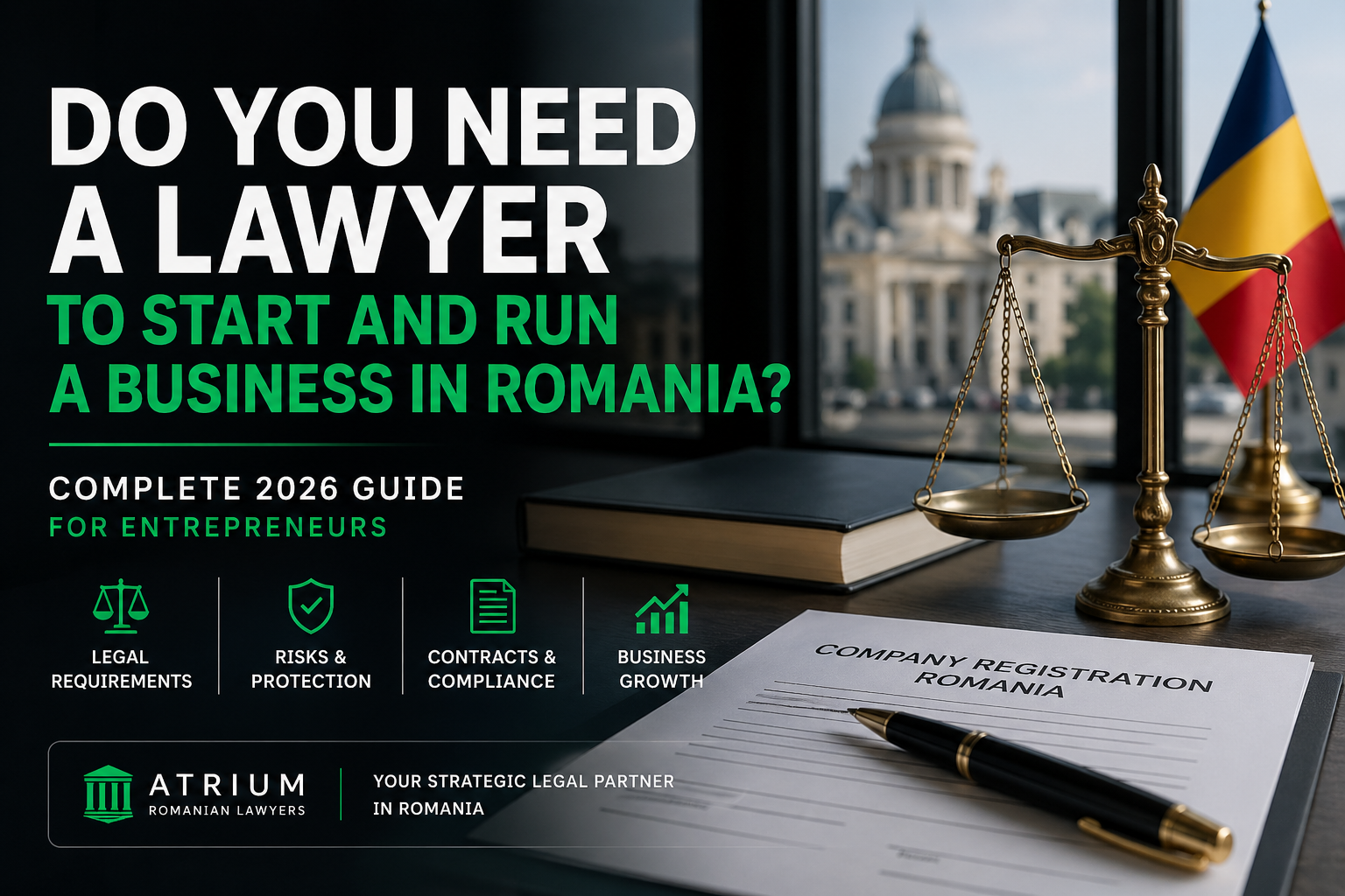 Do you need a lawyer to start a business in Romania illustration with legal scales, Romanian flag, and company registration document
