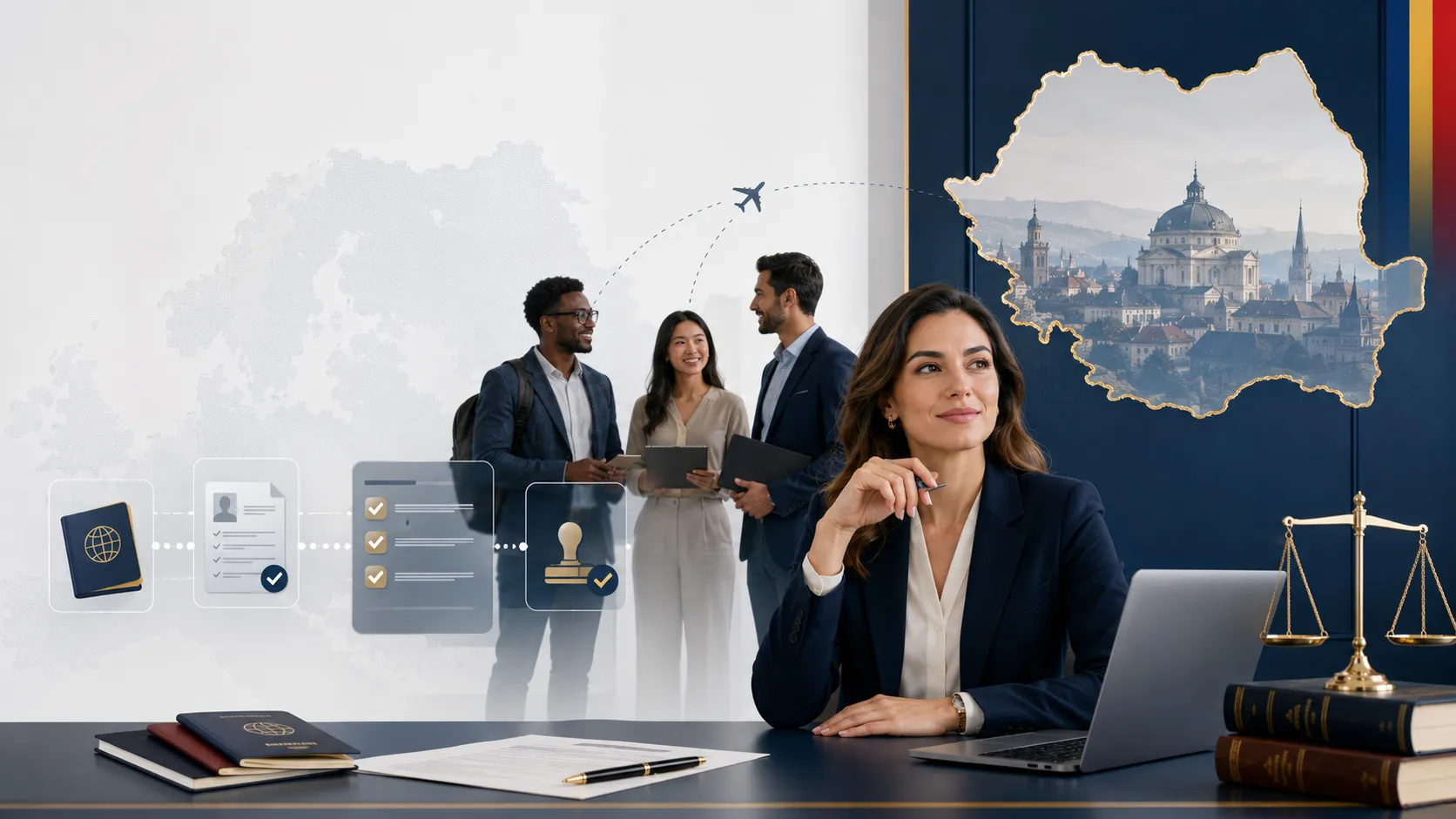 Diverse non-EU professionals and a Romanian legal adviser illustrating international recruitment, work visa procedures and employer compliance in Romania in 2026.