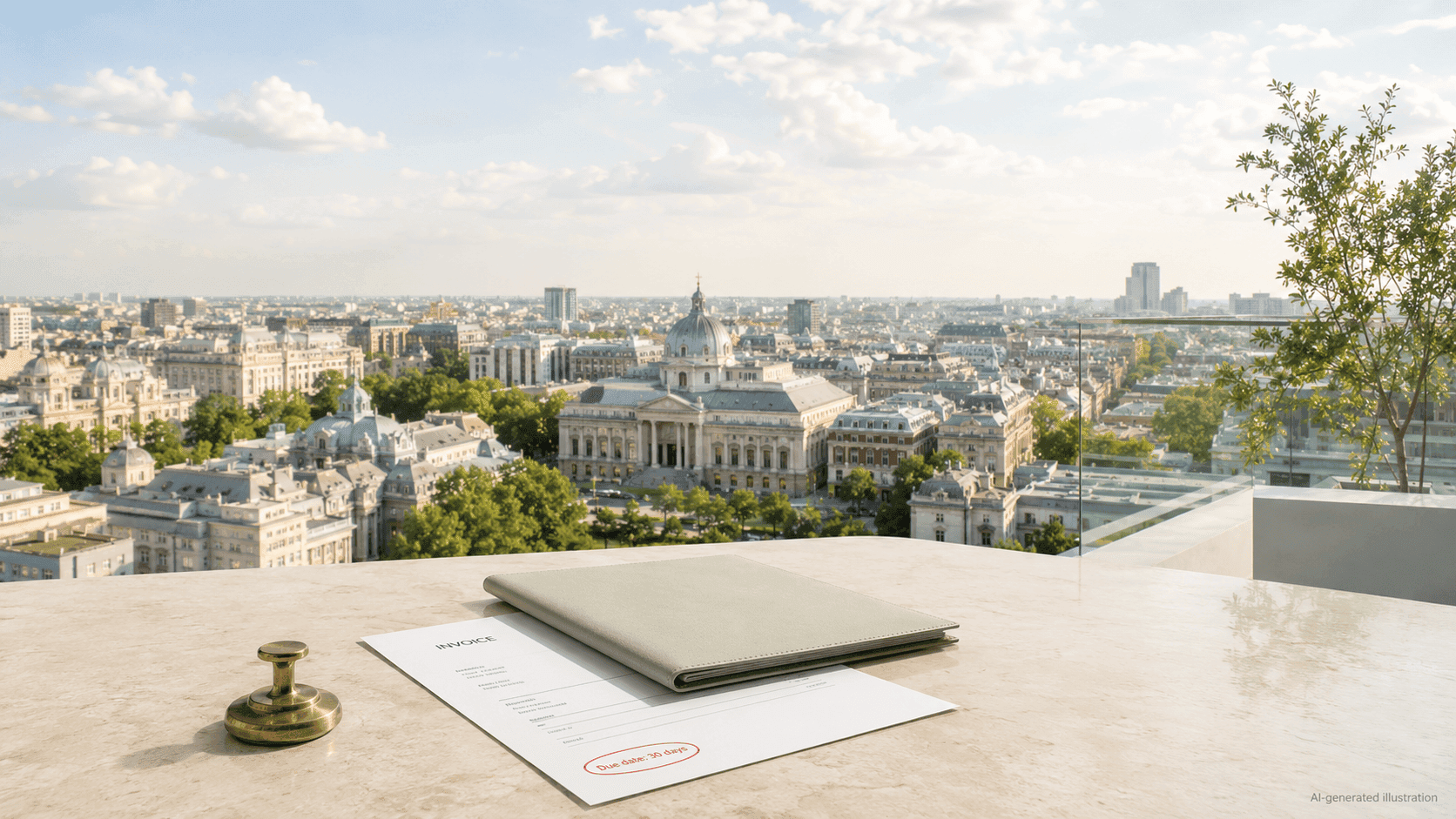 Commercial invoice overlooking the Bucharest skyline, illustrating late payment in Romania