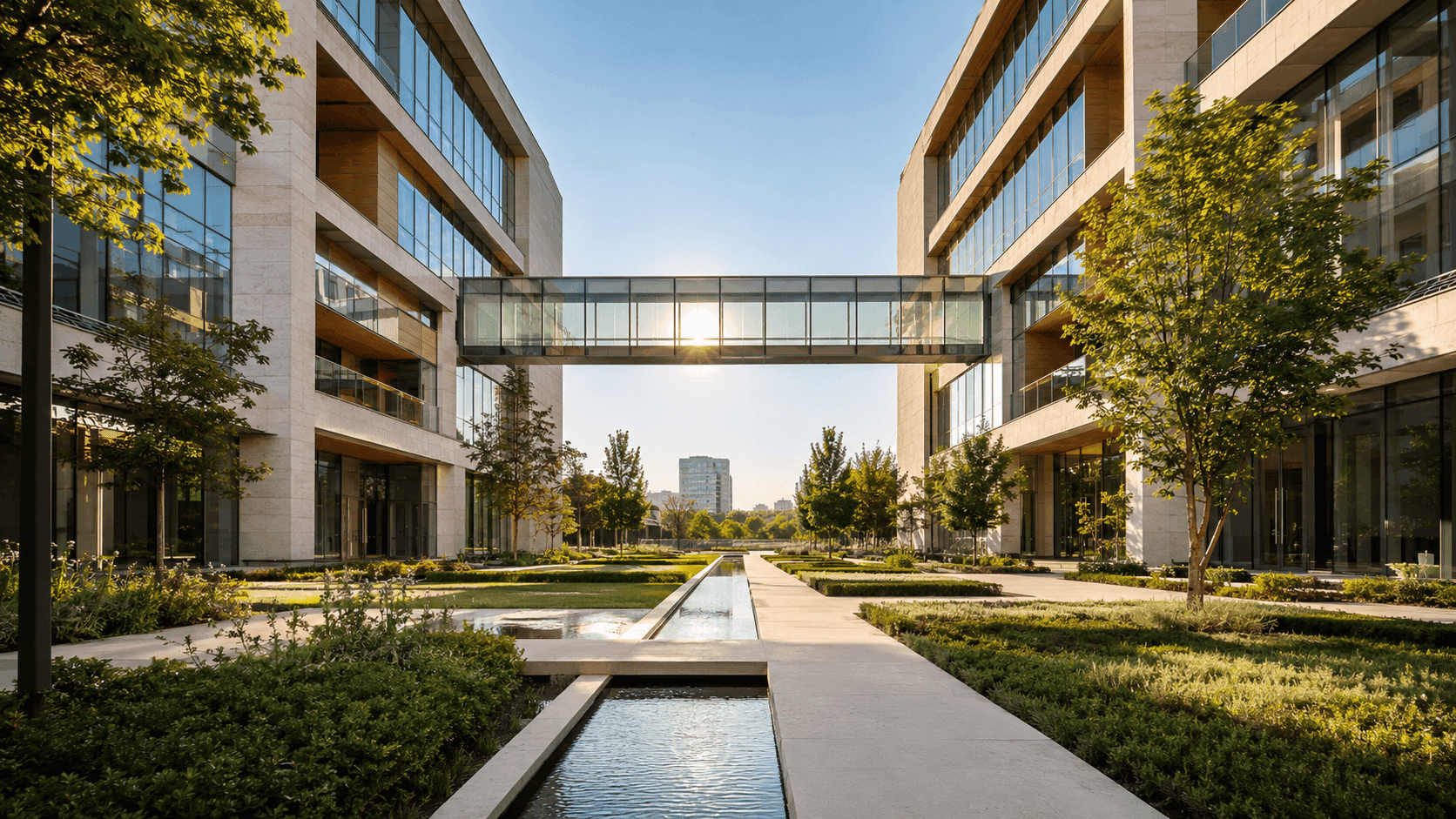 Corporate buildings connected by a glass bridge, symbolising solutions to shareholder deadlock in Romania