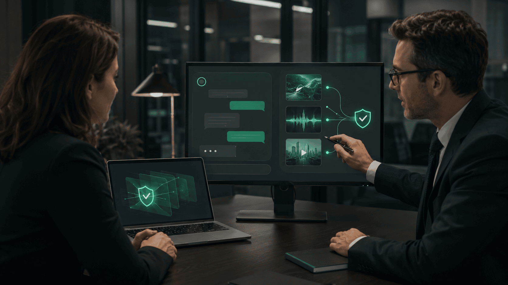 Two corporate professionals reviewing AI transparency controls, compliance dashboards, and synthetic content verification tools on screens in an office setting.