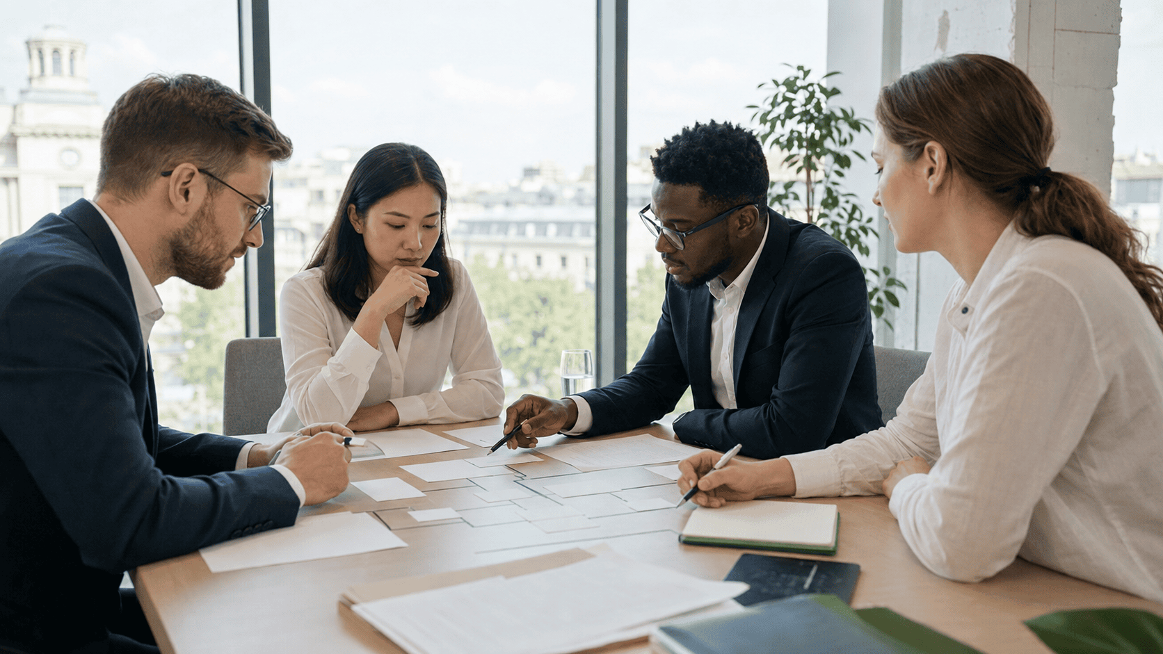 International founders and a Romanian legal adviser reviewing a company structure