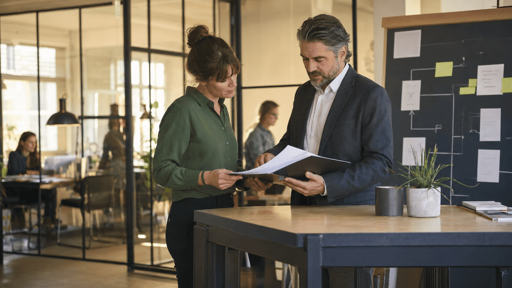 HR manager and legal adviser reviewing workforce compliance in a working studio