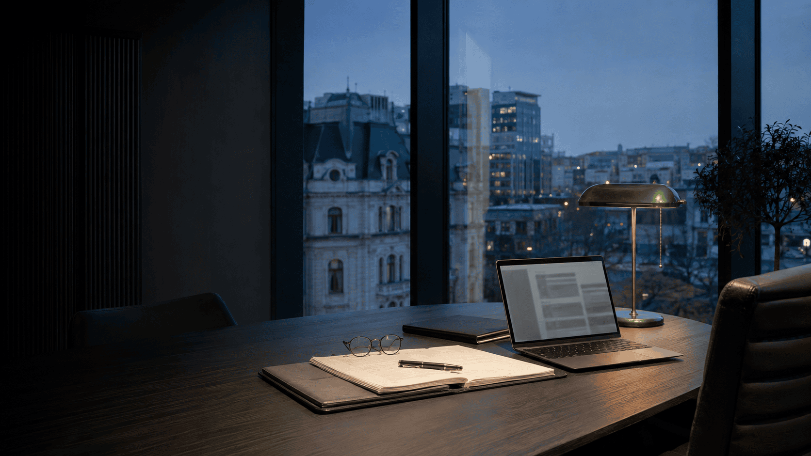 Bucharest legal office prepared for an international client consultation at dusk
