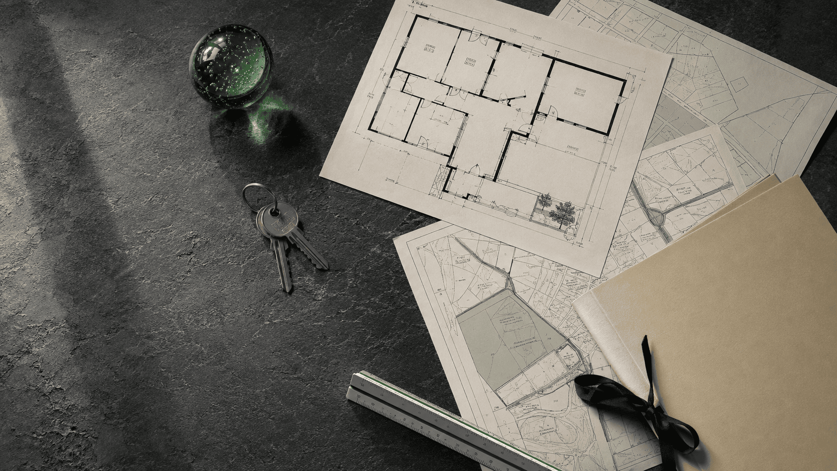 Architectural plans, cadastral map fragments and keys arranged for property due diligence