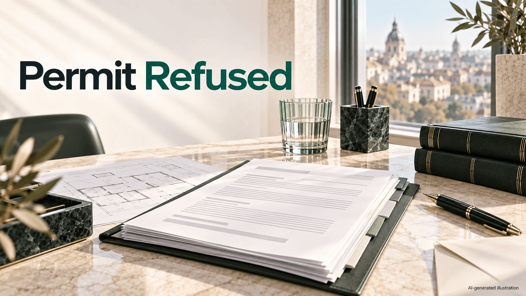 Business operating permit refused in Romania: application dossier and floor plan on a sunlit lawyer’s desk