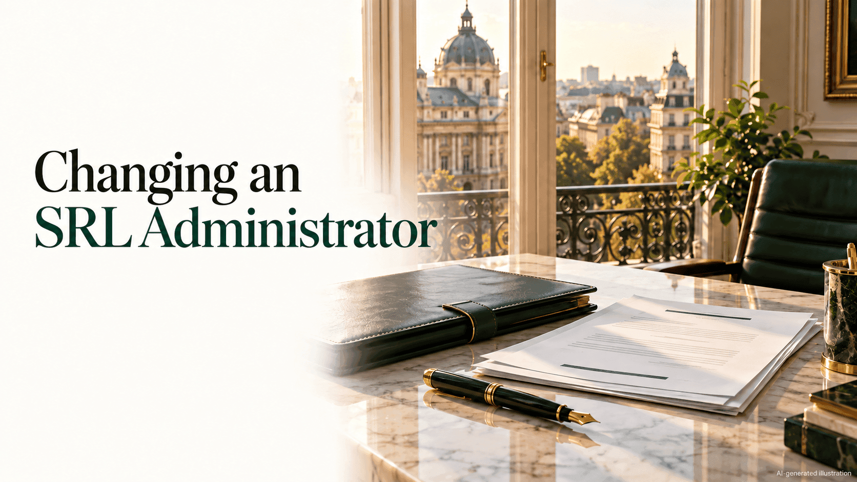 Sunlit Romanian corporate law office with governance papers and the headline “Changing an SRL Administrator”.