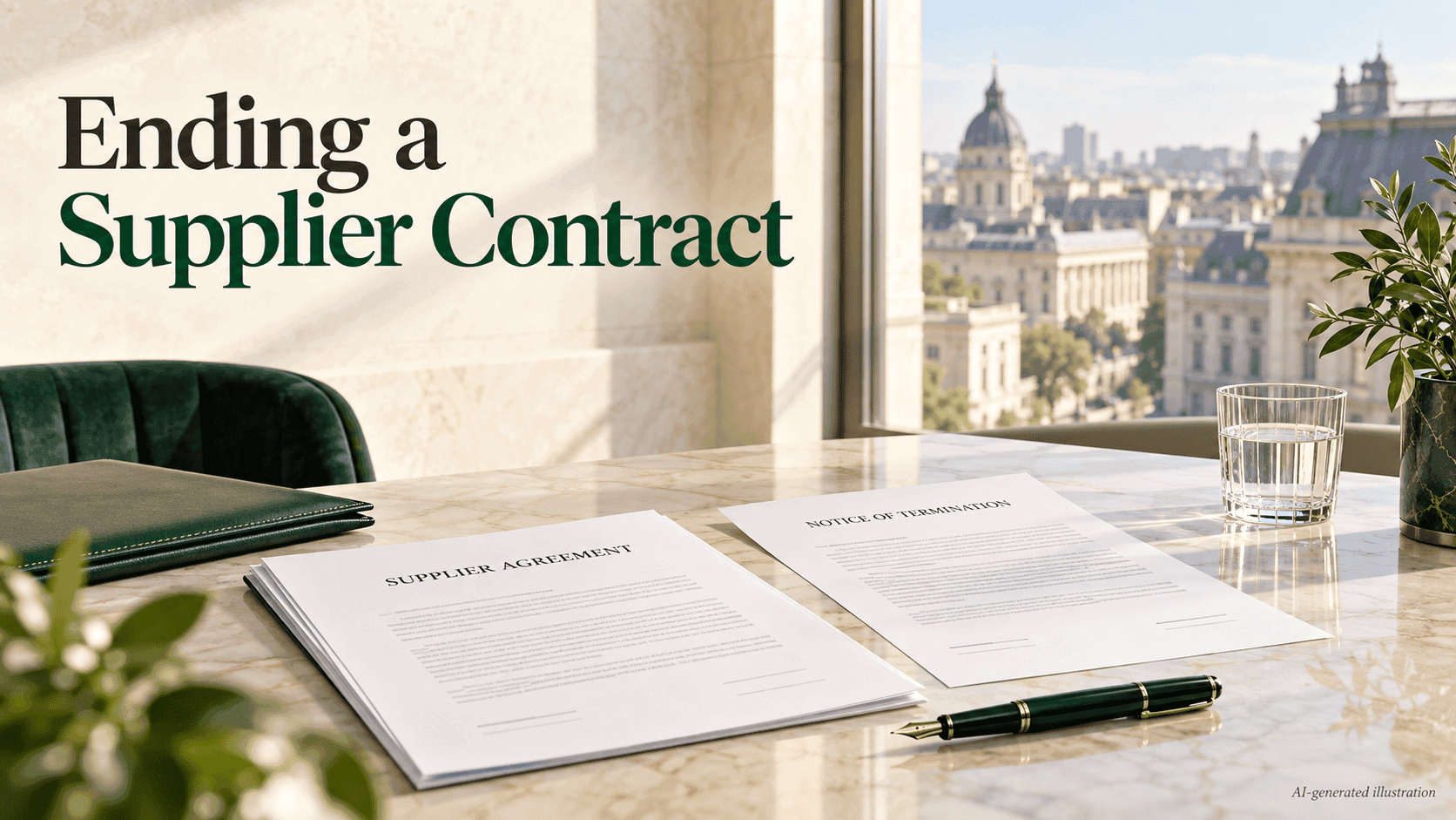Ending a supplier contract in Romania: supplier agreement and termination notice on an office desk