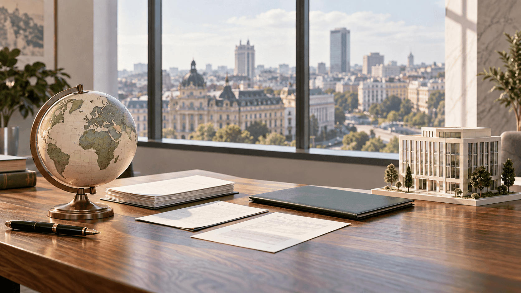 Online company registration in Romania represented by incorporation documents, an international globe and a modern Bucharest office building