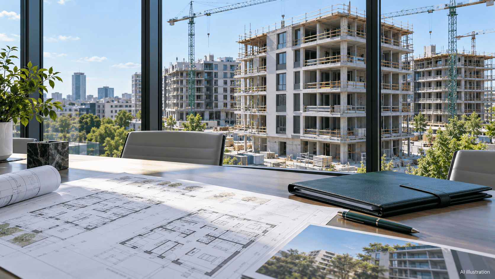Off-plan residential development in Romania seen beside architectural plans and legal documents
