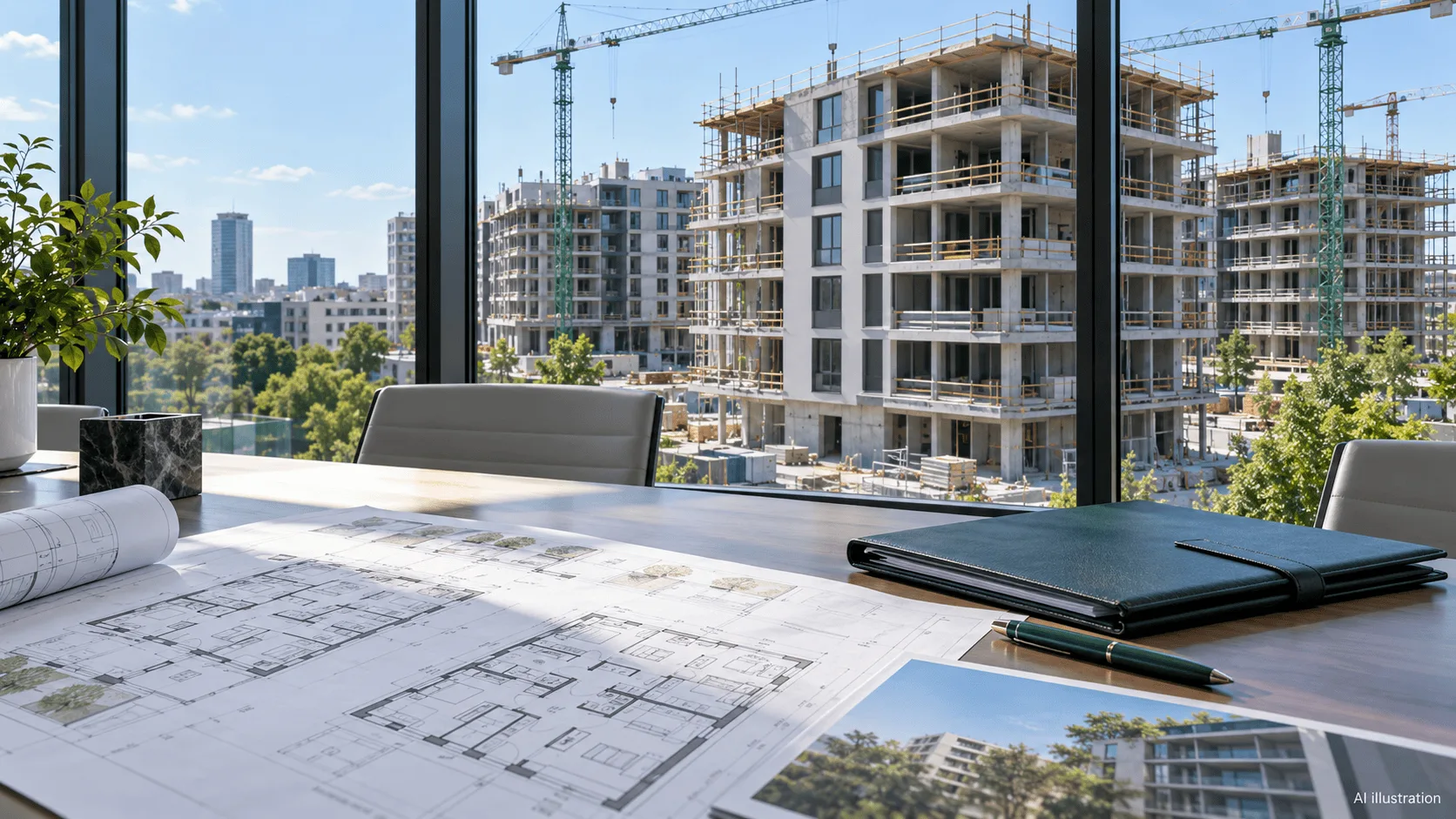 Off-plan residential development in Romania seen beside architectural plans and legal documents