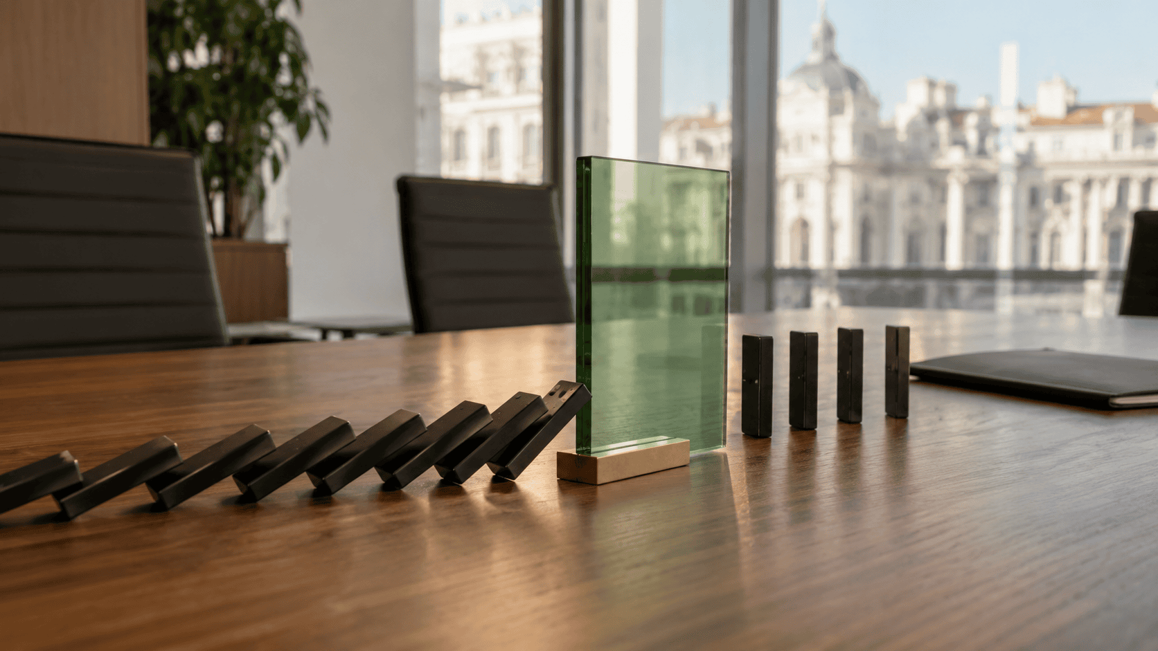 D&O insurance in Romania illustrated by falling dominoes stopped by a green protective barrier in a boardroom