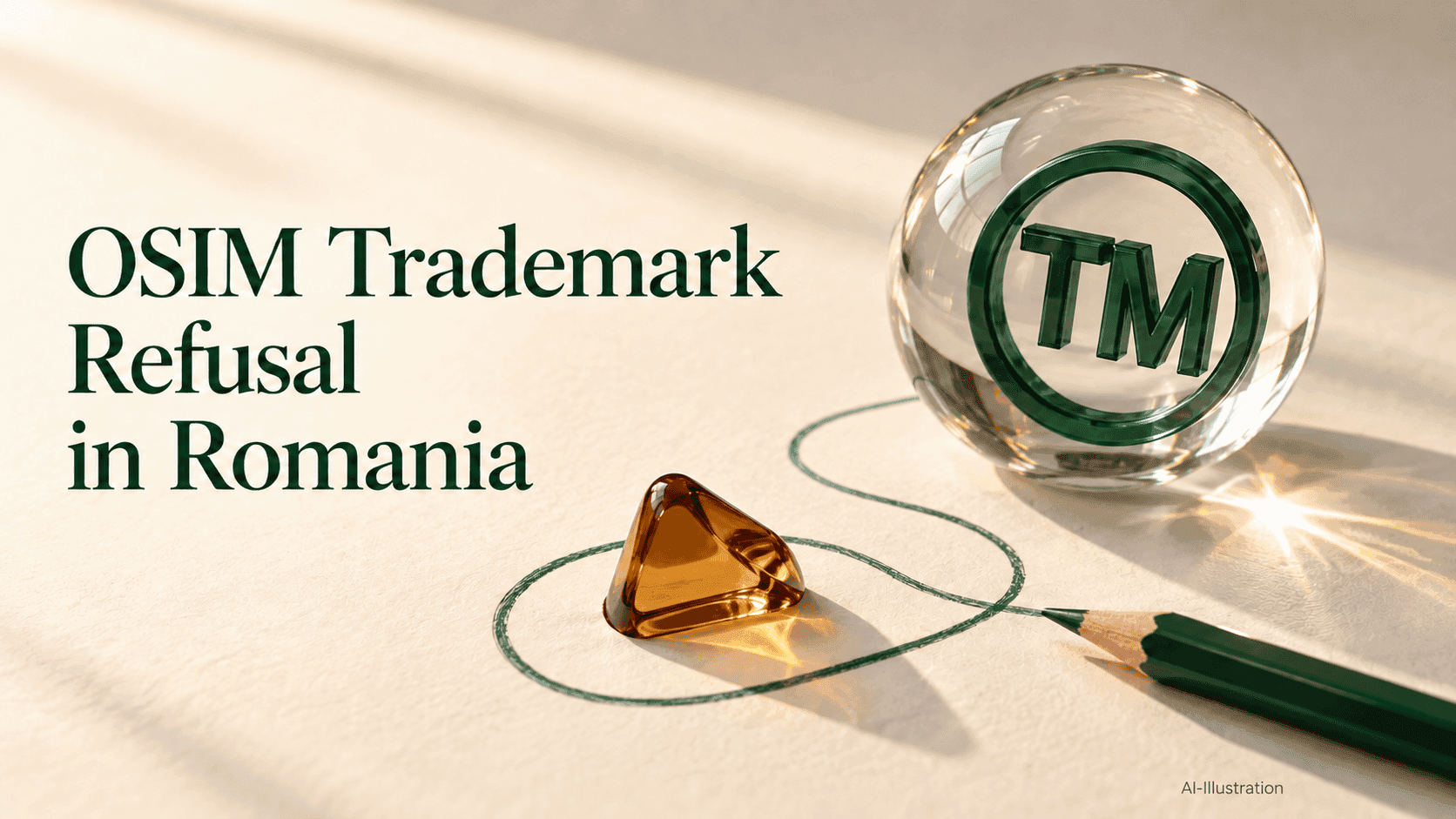 Green TM symbol inside a transparent glass sphere, with a pencil-drawn path around an amber obstacle, illustrating OSIM trademark refusal in Romania.