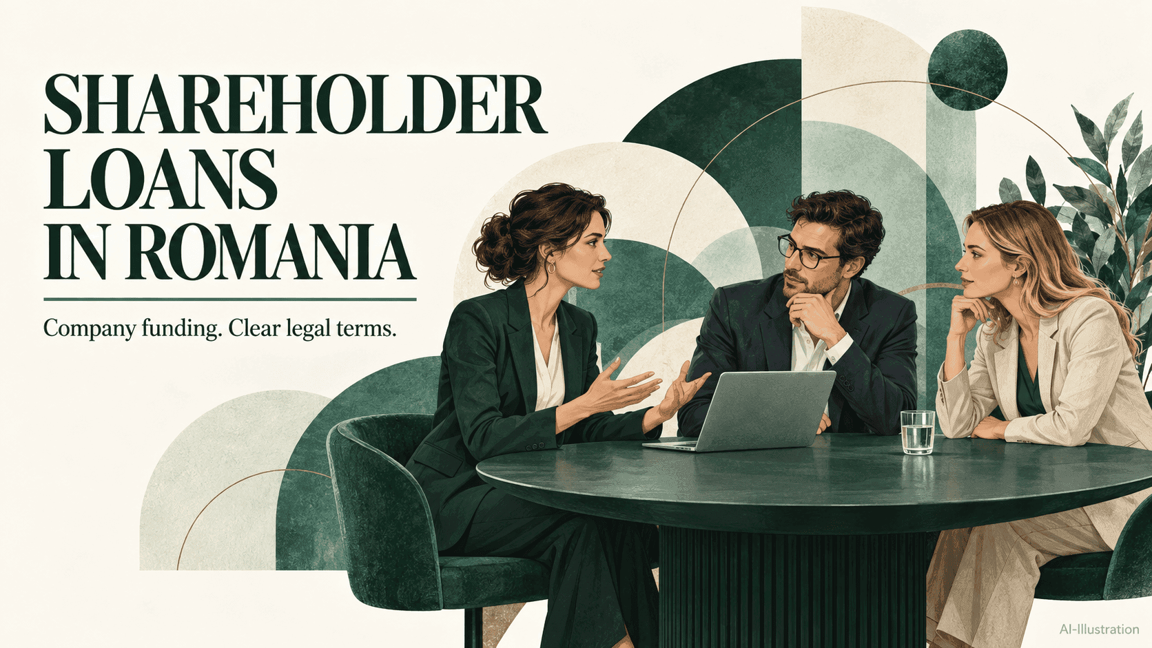 Illustration of three business professionals discussing company funding around a table.