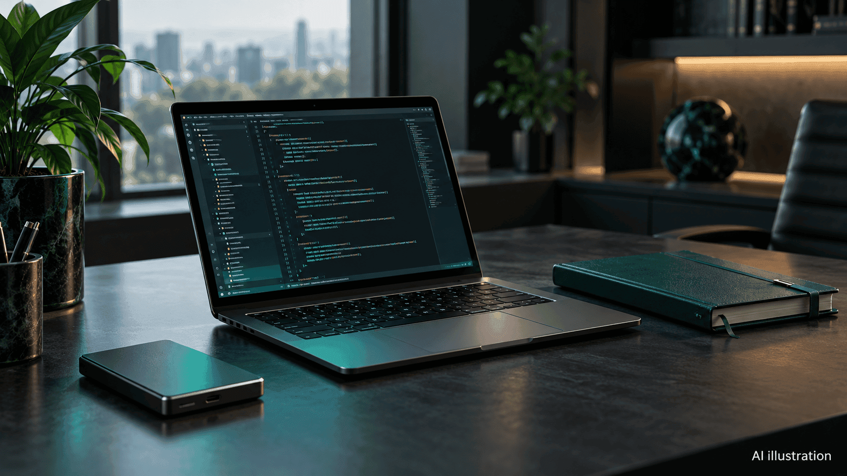 Laptop displaying source code beside a green agenda and storage device in a dark office.