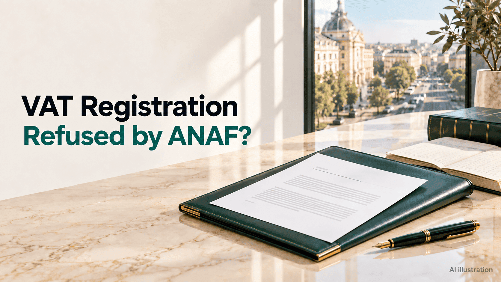 Legal editorial illustration of a Romanian VAT decision file on a desk, titled VAT Registration Refused by ANAF and marked AI illustration