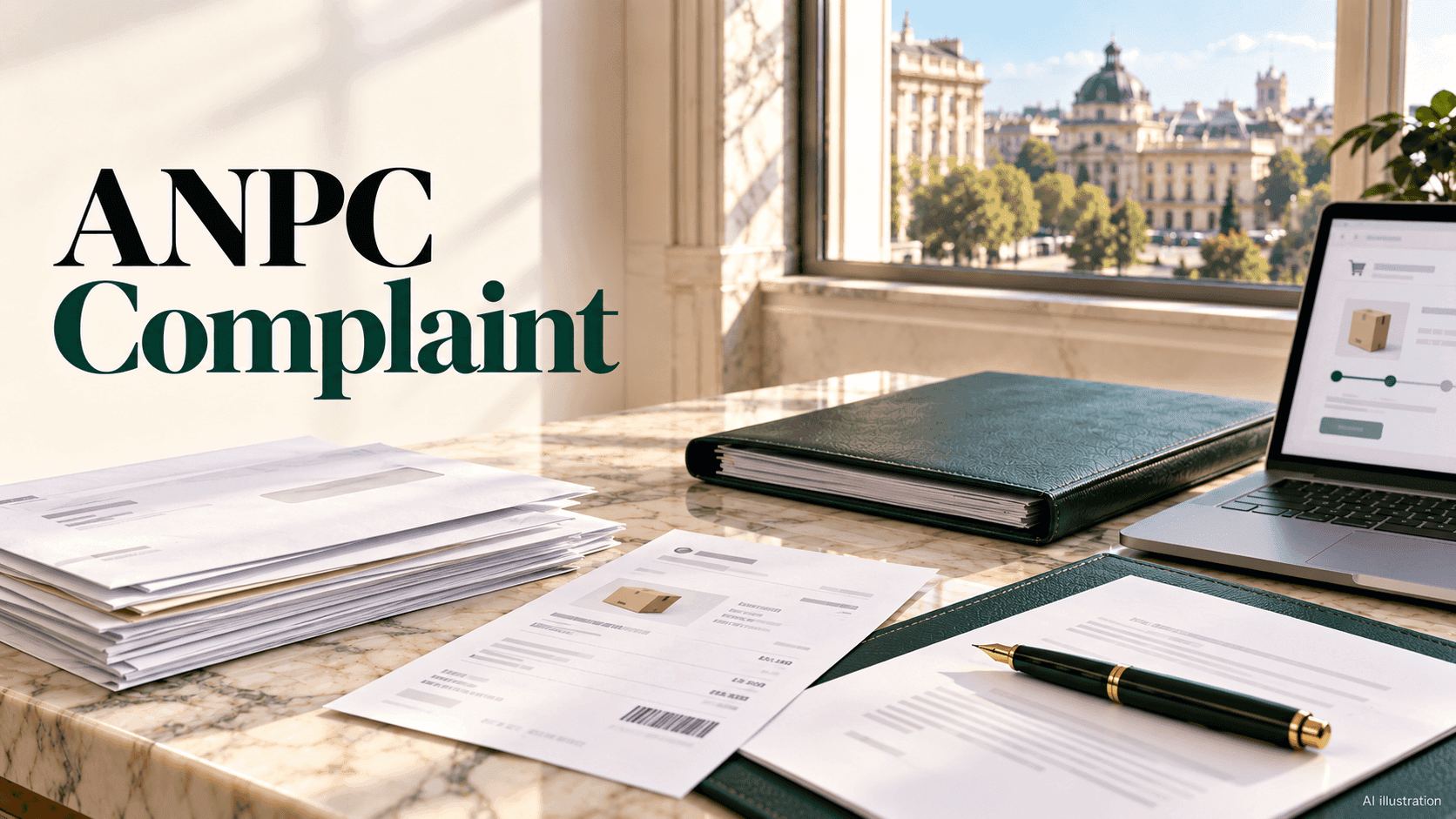 NPC complaint response file, consumer order records and green legal folder on a law office desk in Bucharest.