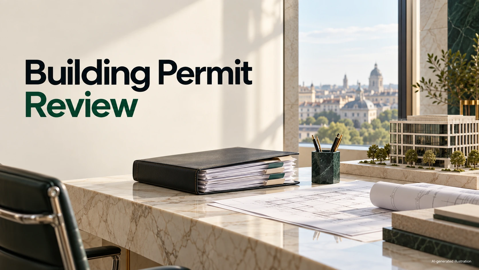 Building Permit Review: architectural plans and an indexed permit dossier on a Romanian legal-office desk.
