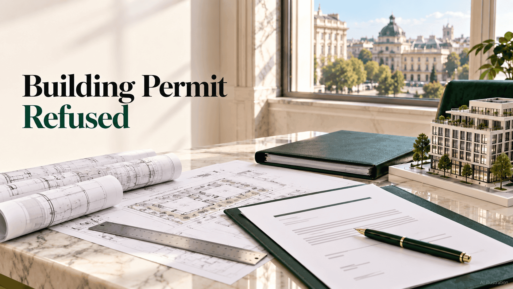 Architectural plans and a model building on a legal office desk beneath the words “Building Permit Refused”.