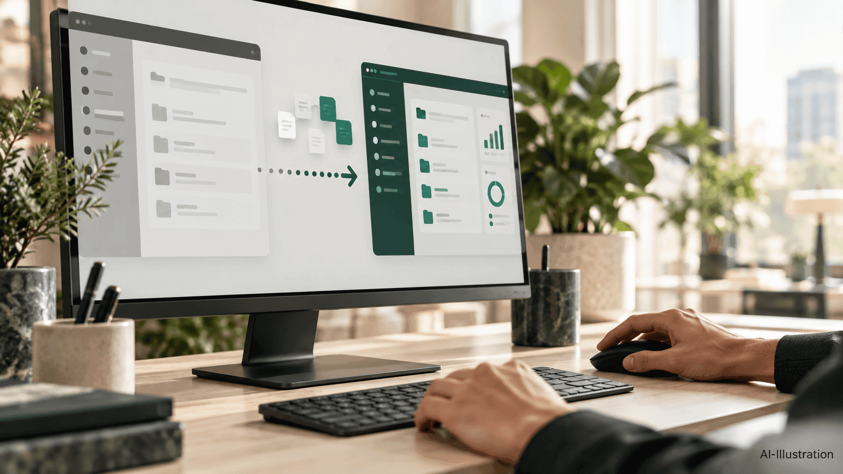 Professional using a desktop screen showing data moving from an existing SaaS platform to a new provider.