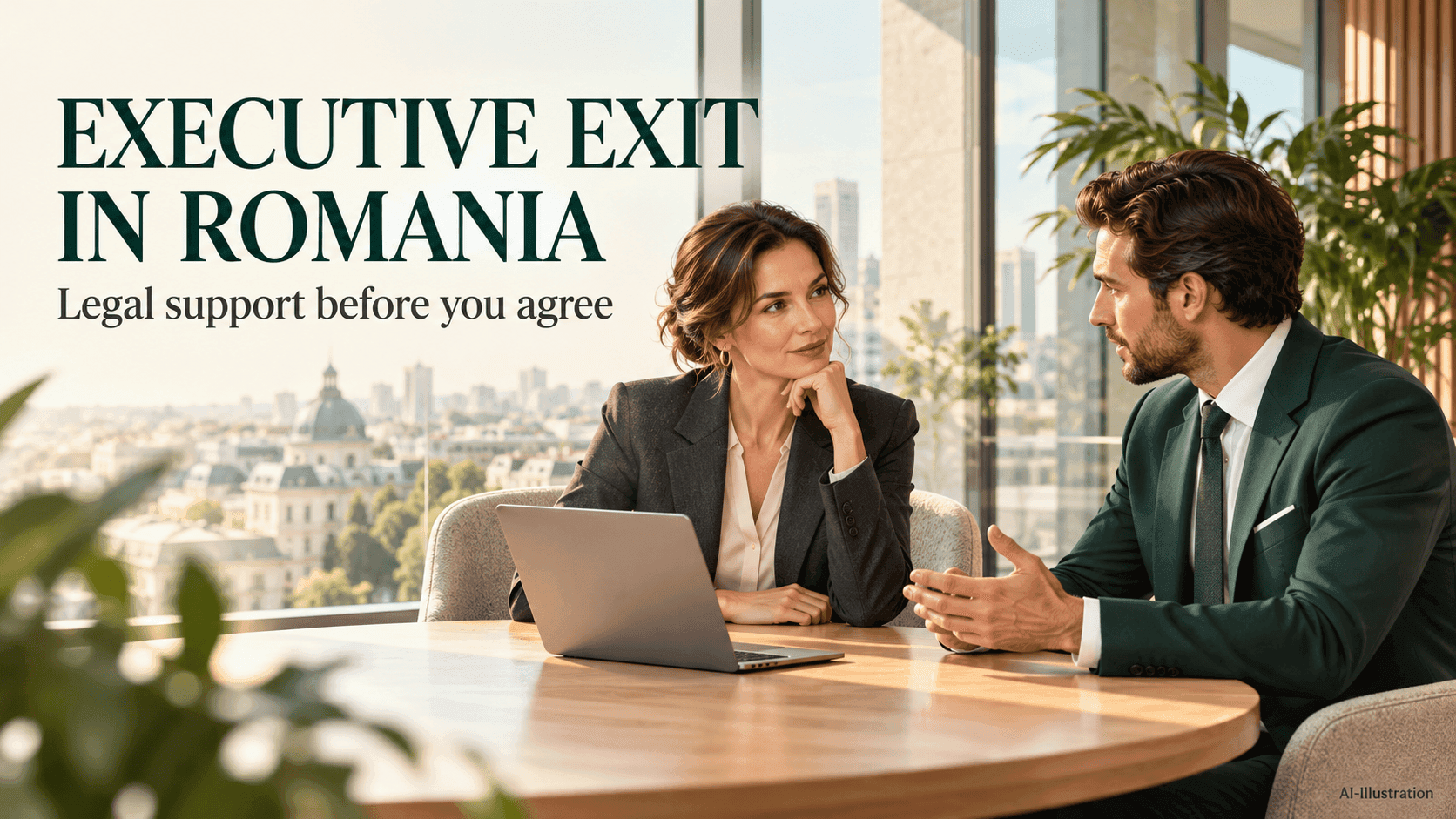 Illustration of a female executive discussing departure terms with a male legal adviser in a bright office.