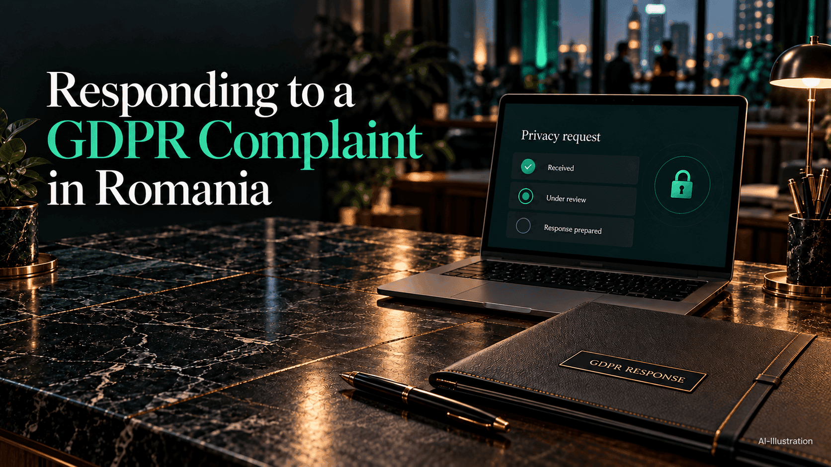 Responding to a GDPR complaint in Romania: a laptop with a privacy-request interface and a closed case folder in a dark office.