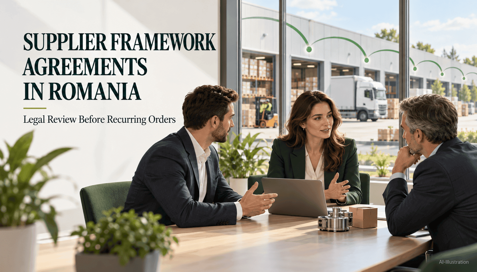 Three business professionals discussing a supplier framework agreement in a bright office overlooking a warehouse and delivery truck.