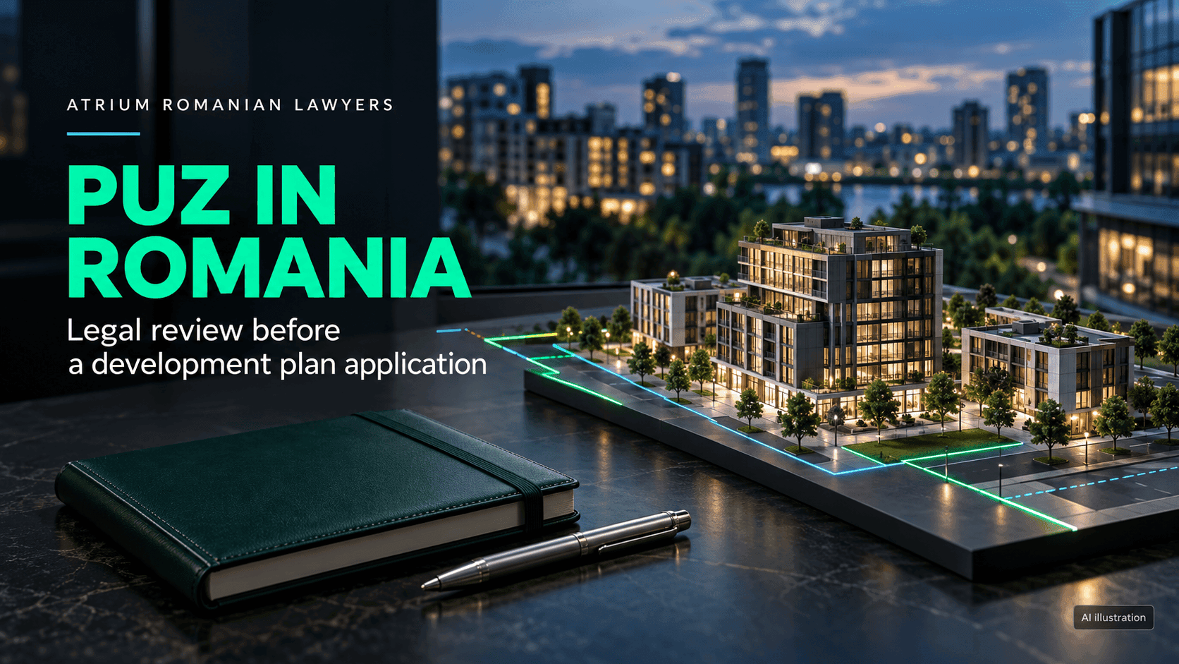 Architectural model and notebook illustrating legal review for a PUZ in Romania.