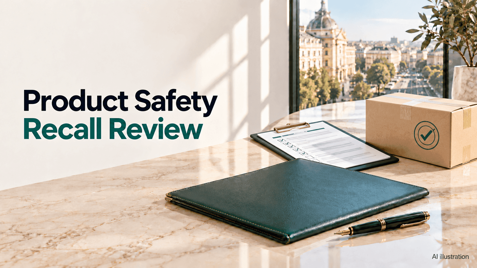 Green agenda, product checklist and parcel on a bright marble desk, illustrating product safety and recall review in Romania.