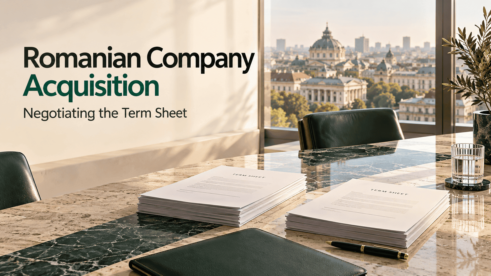 Term-sheet documents on a law-office table overlooking Bucharest, illustrating a Romanian company acquisition.